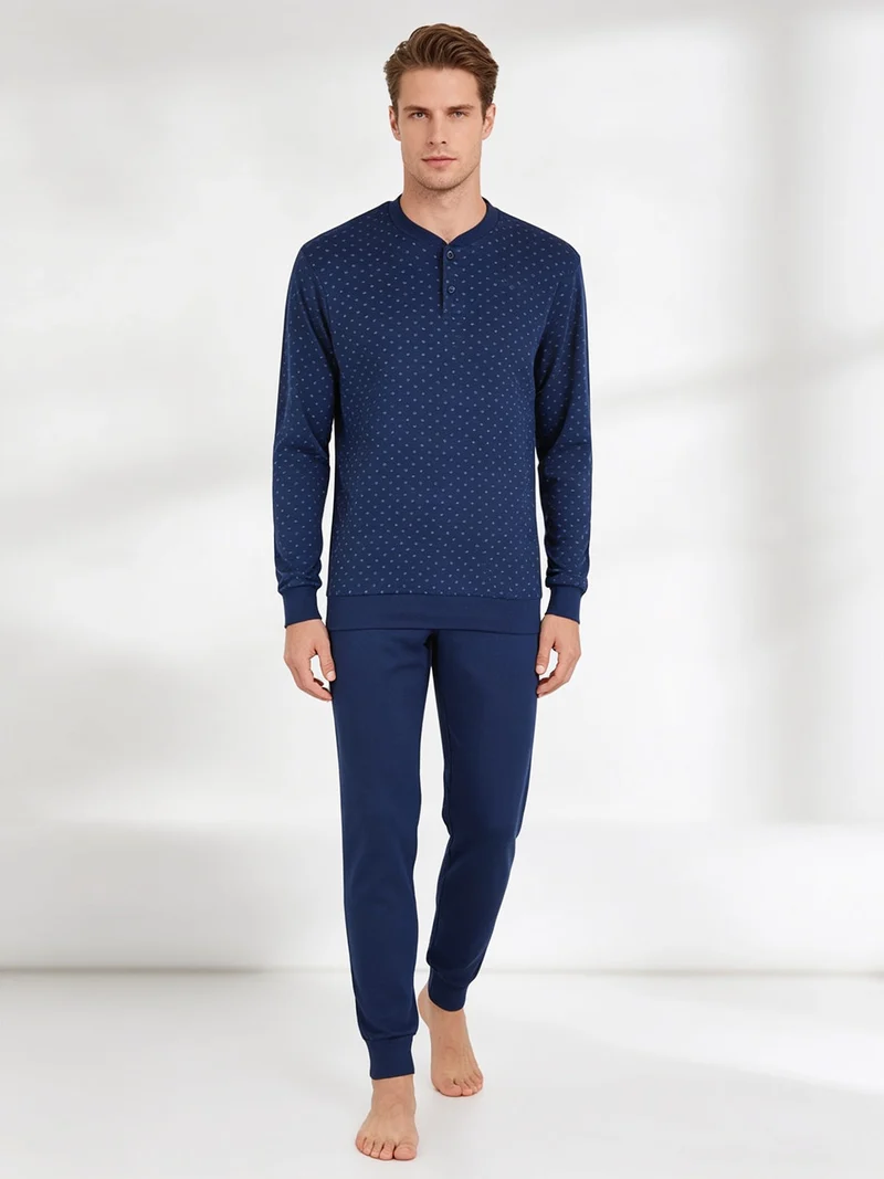 Pigiama lungo da uomo in cotone interlock con stampe - blu
