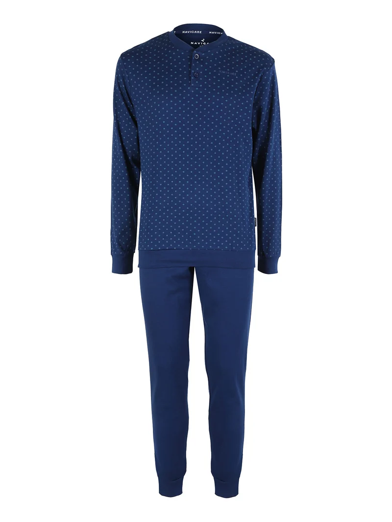 Pigiama lungo da uomo in cotone interlock con stampe - blu