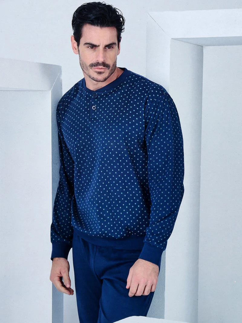 Pigiama lungo da uomo in cotone interlock con stampe - blu