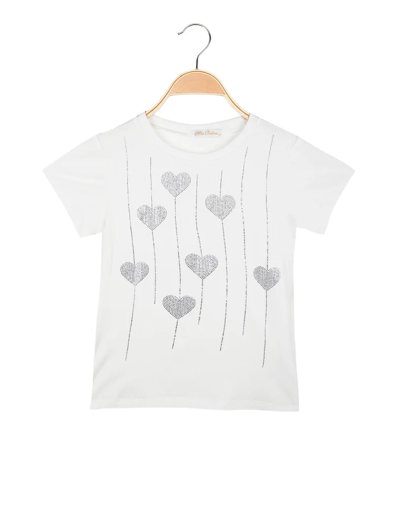 T-shirt da bambina a costine con strass luccicanti - bianco
