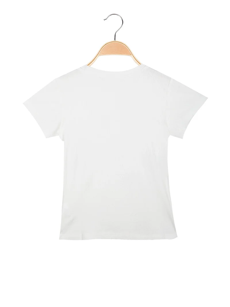 T-shirt da bambina a costine con strass luccicanti - bianco