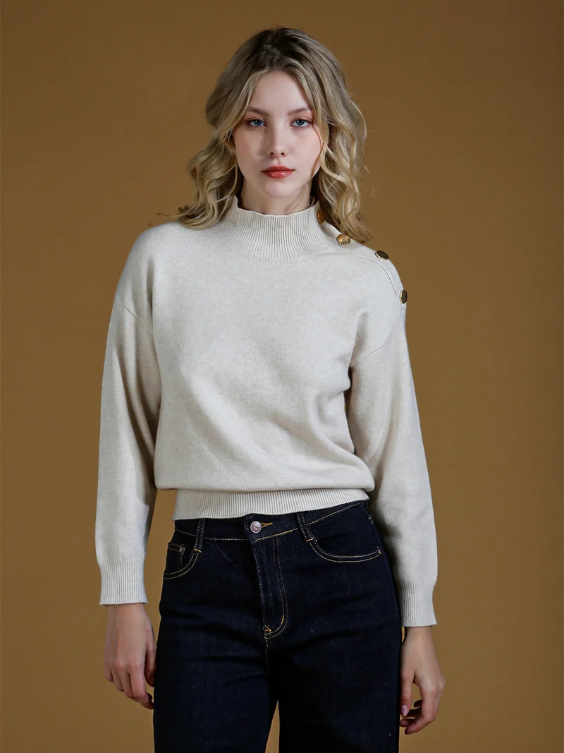 Pullover donna a collo alto con bottoni - beige