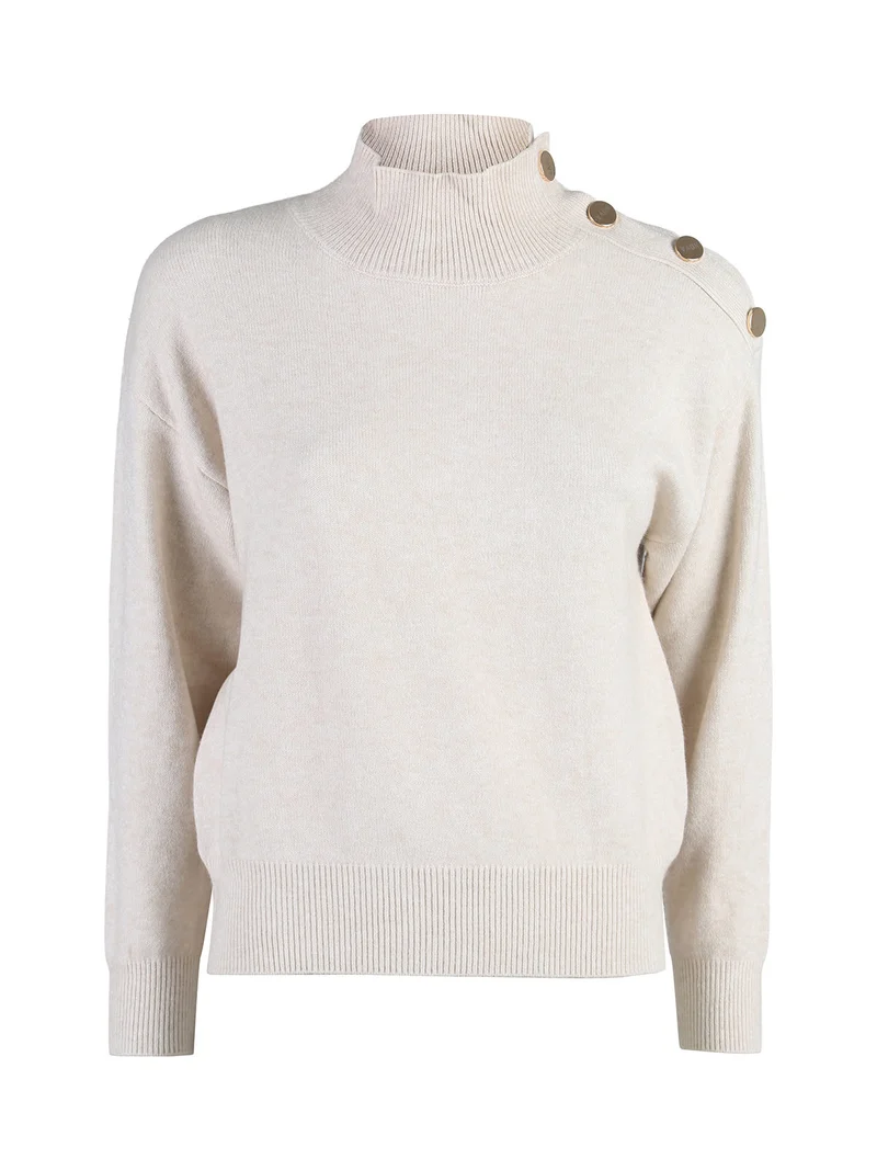 Pullover donna a collo alto con bottoni - beige