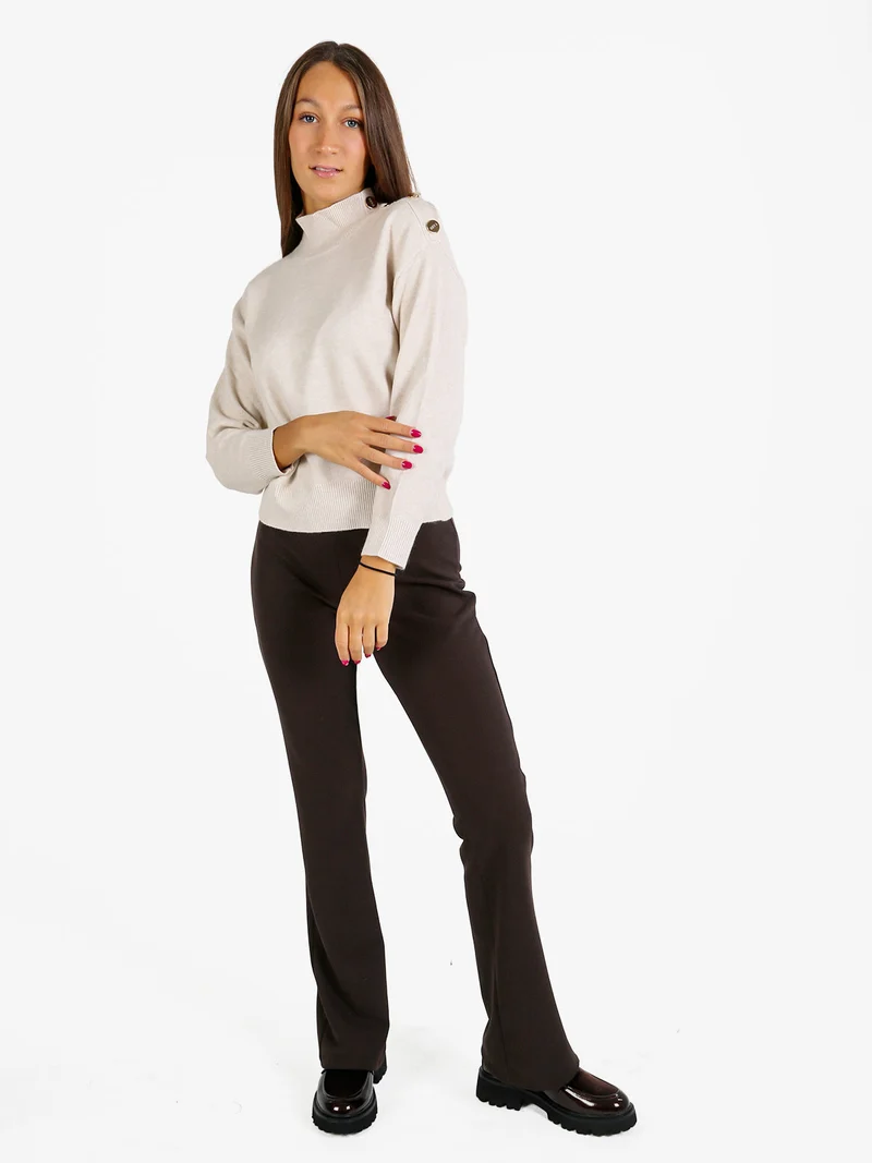 Pullover donna a collo alto con bottoni - beige