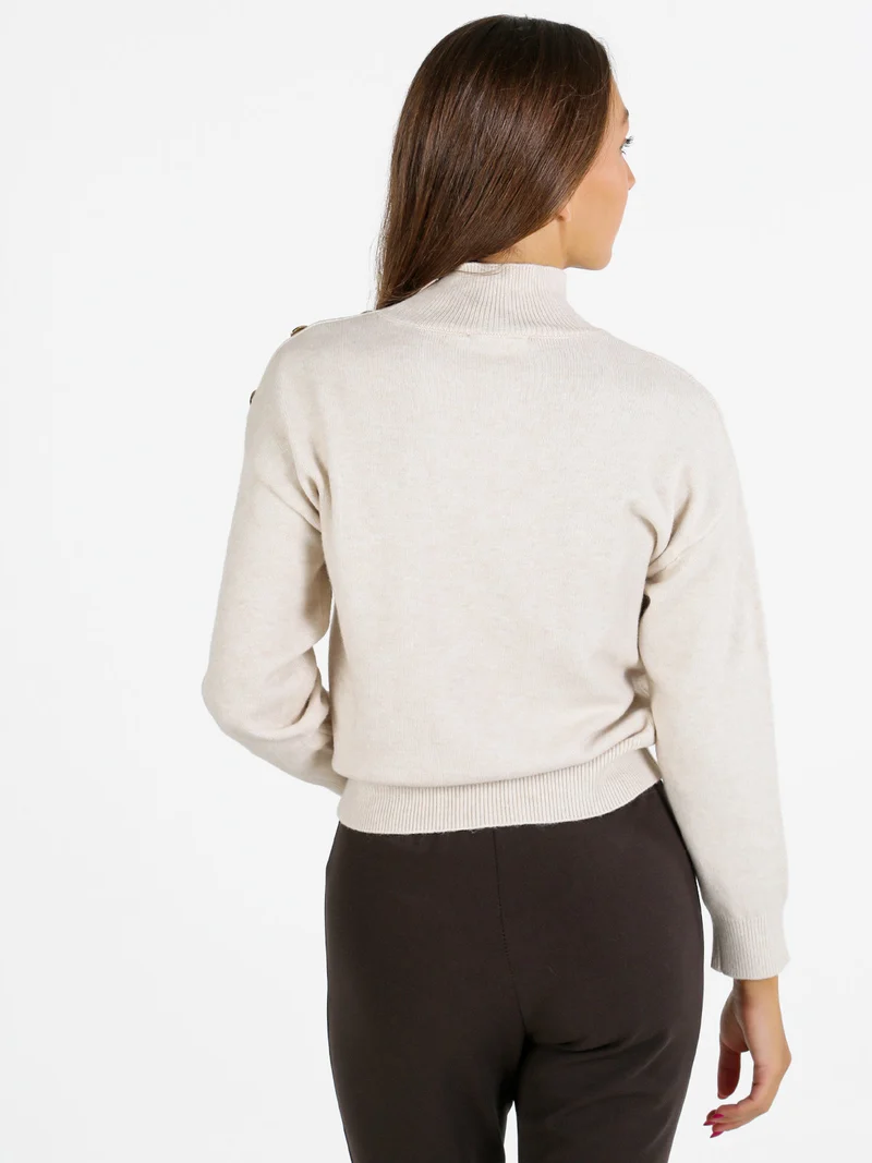 Pullover donna a collo alto con bottoni - beige