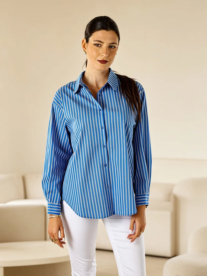 Camicia donna oversize a righe con maniche lunghe - blu
