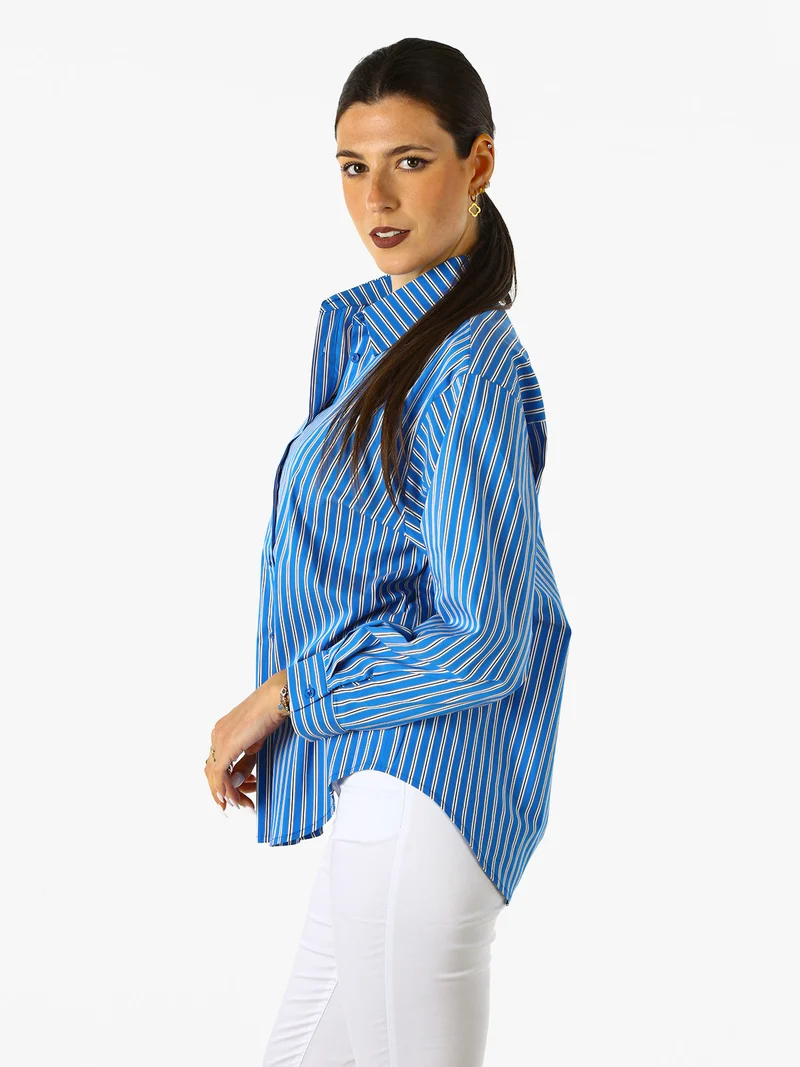 Camicia donna oversize a righe con maniche lunghe - blu