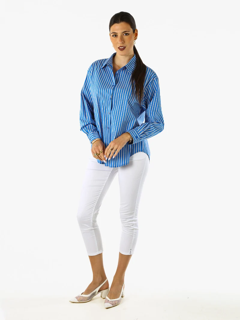 Camicia donna oversize a righe con maniche lunghe - blu