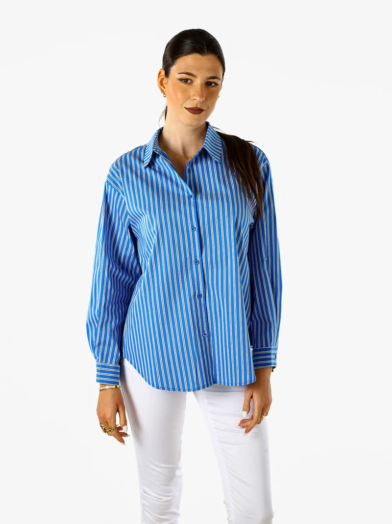 Camicia donna oversize a righe con maniche lunghe - blu