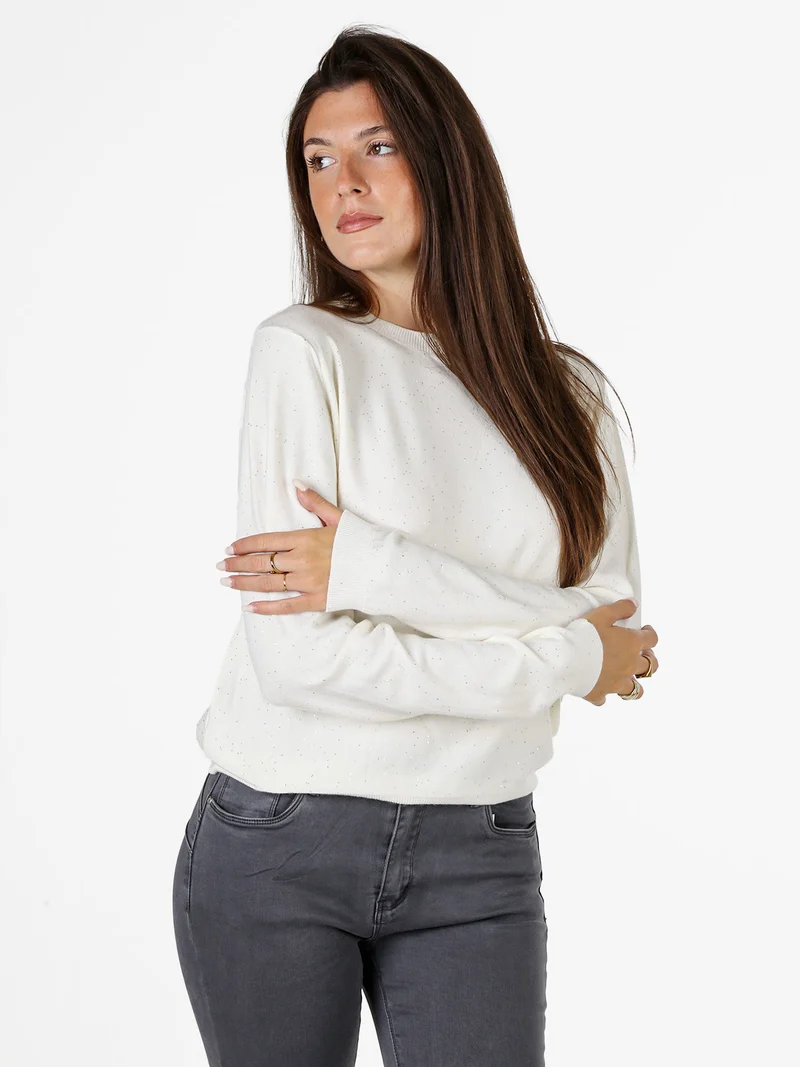 Maglia girocollo da donna con mini paillettes - panna