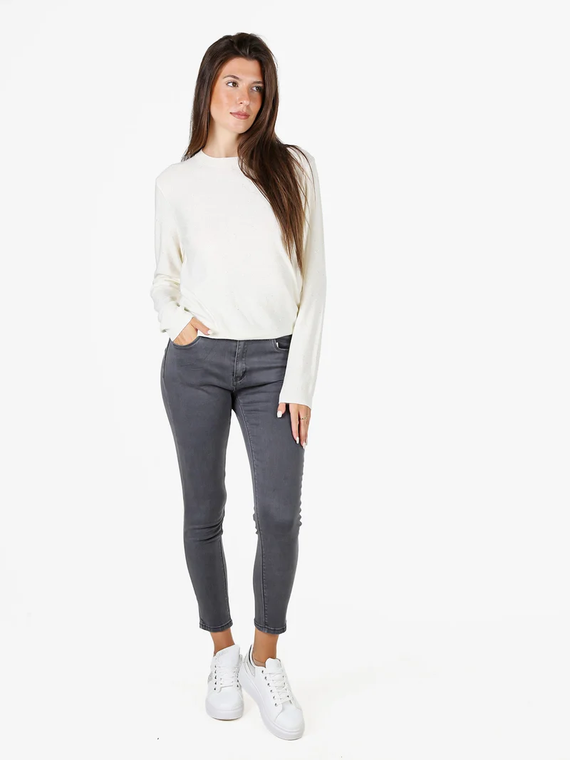 Maglia girocollo da donna con mini paillettes - panna