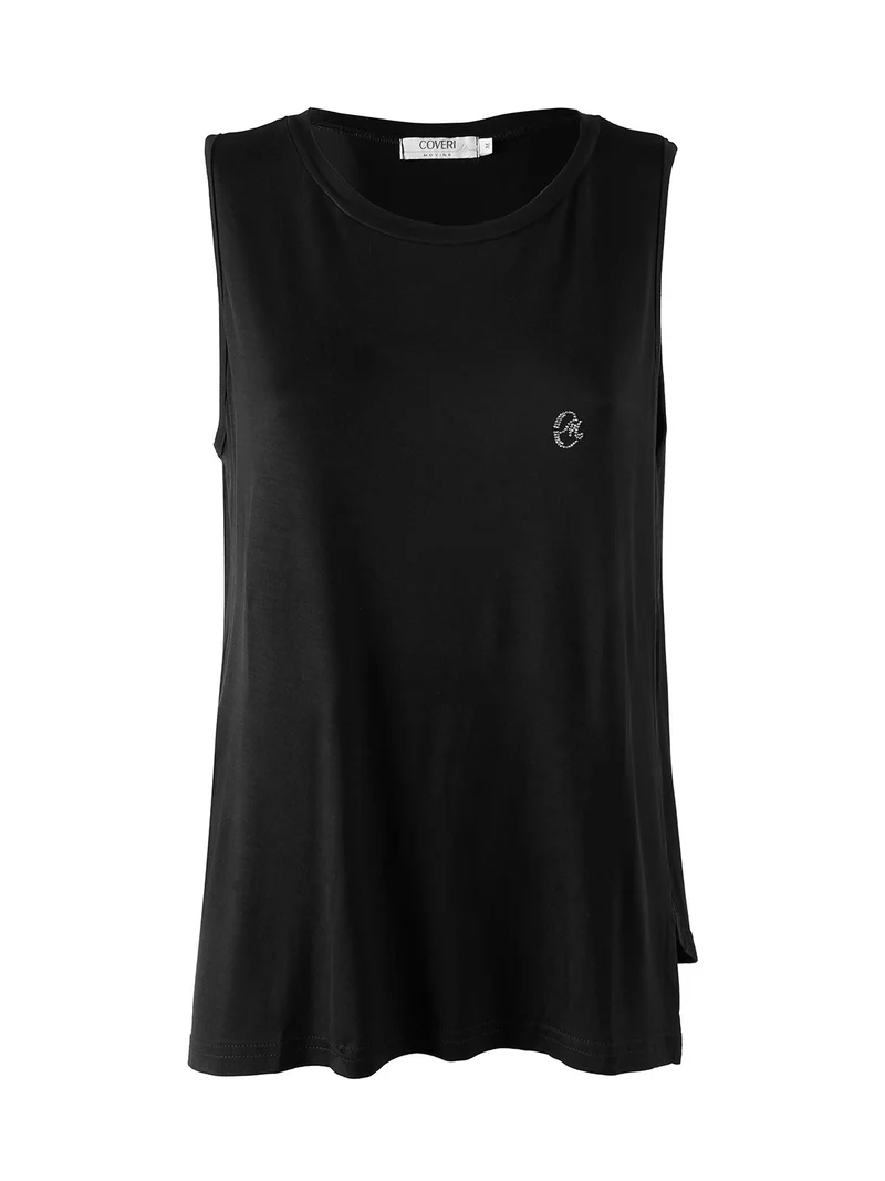 Canotta girocollo da donna con logo di strass - nero