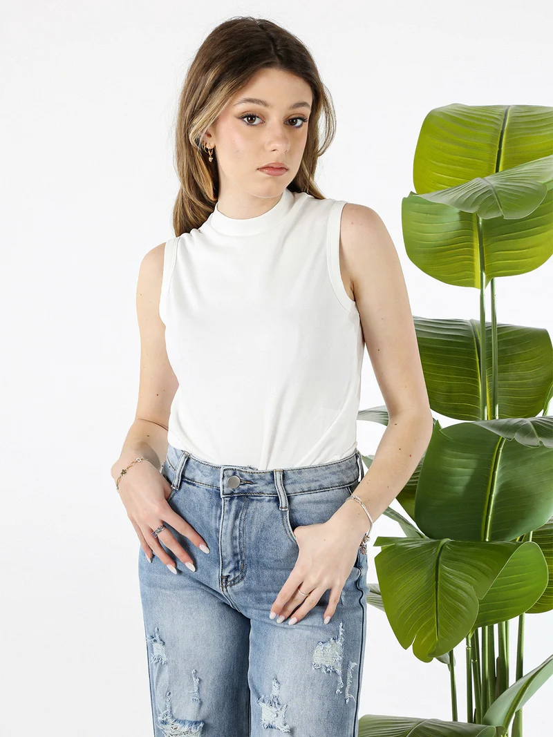 Top donna accollato in cotone - bianco