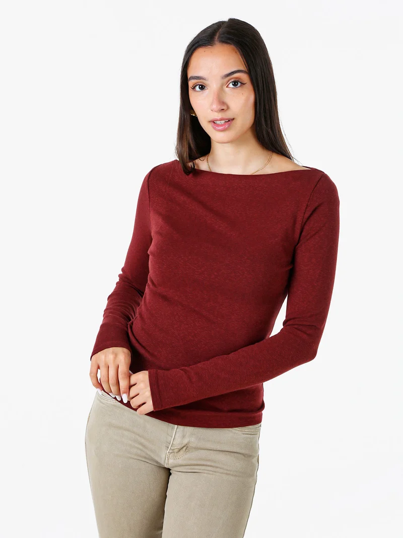 Maglia donna a maniche lunghe con scollo a barchetta - bordeaux