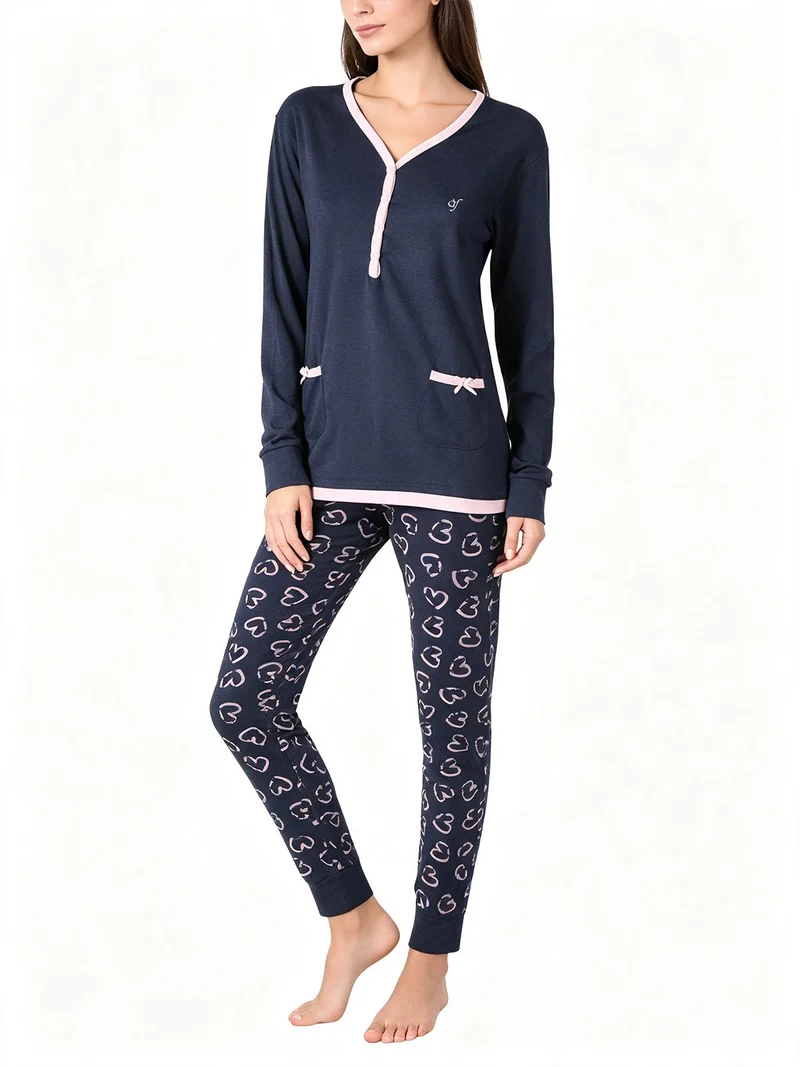 Pigiama donna scollo a V in cotone - blu scuro
