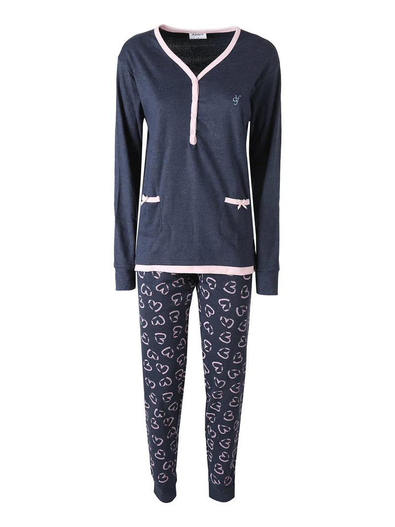 Pigiama donna scollo a V in cotone - blu scuro