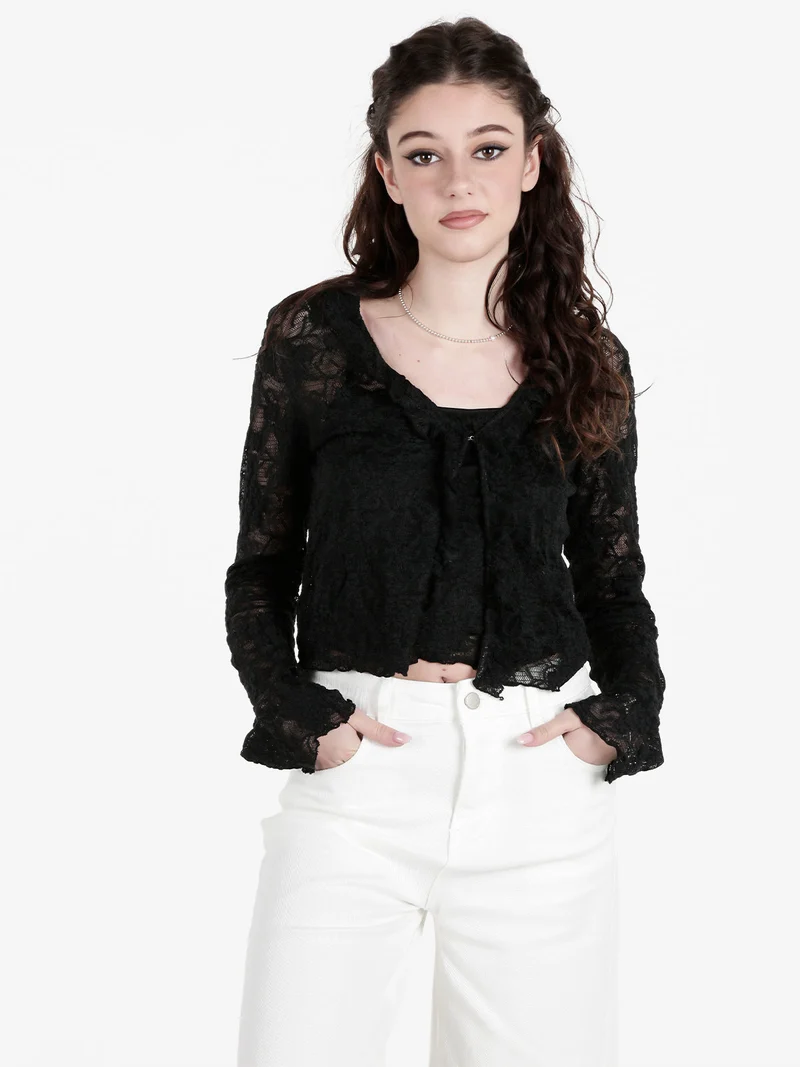 Set donna 2 pezzi con top e cardigan in pizzo - nero