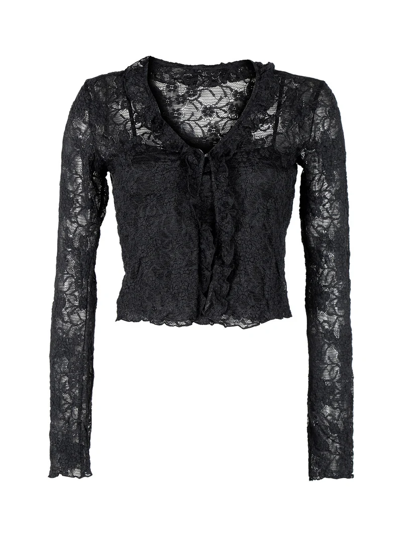 Set donna 2 pezzi con top e cardigan in pizzo - nero