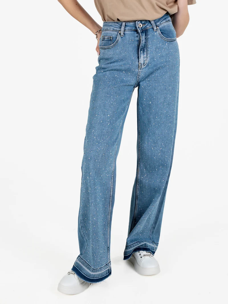 Jeans donna wide leg con strass - jeans