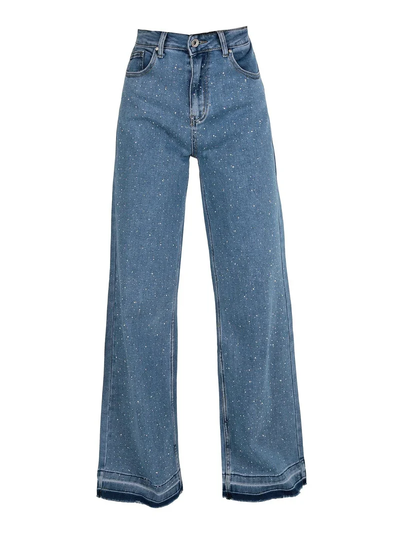 Jeans donna wide leg con strass - jeans