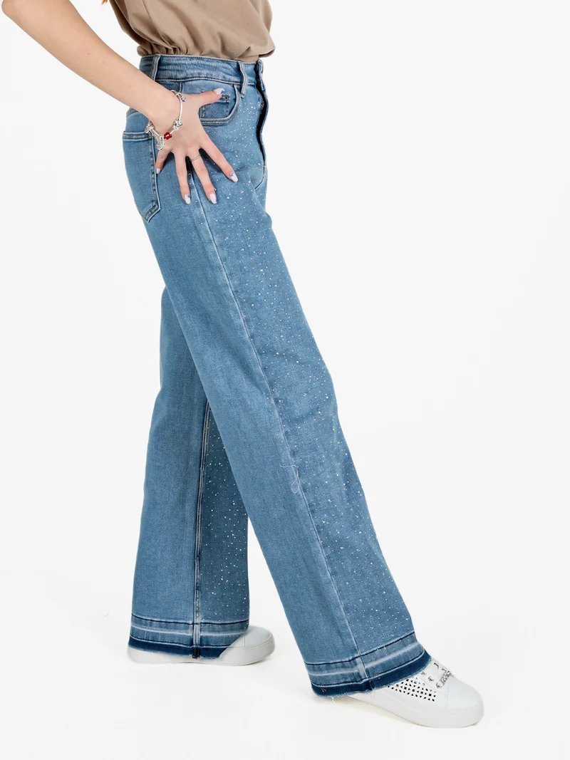 Jeans donna wide leg con strass - jeans