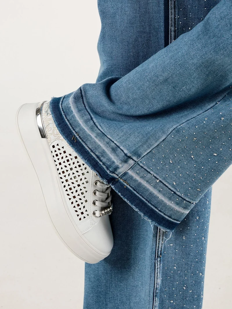 Jeans donna wide leg con strass - jeans
