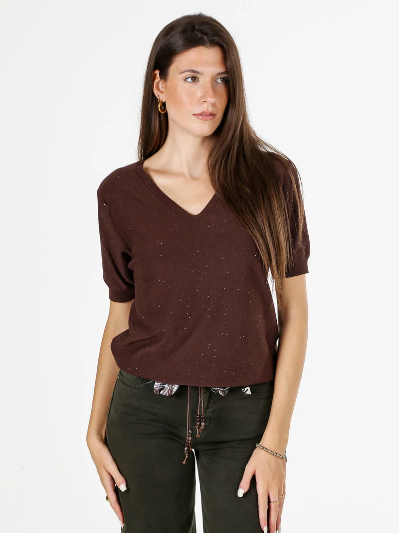 Maglia donna a maniche corte con scollo a V e mini paillettes - moro