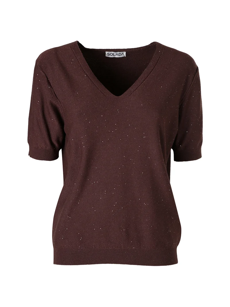 Maglia donna a maniche corte con scollo a V e mini paillettes - moro