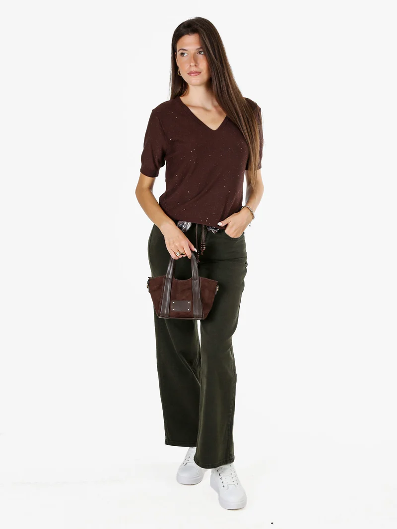 Maglia donna a maniche corte con scollo a V e mini paillettes - moro
