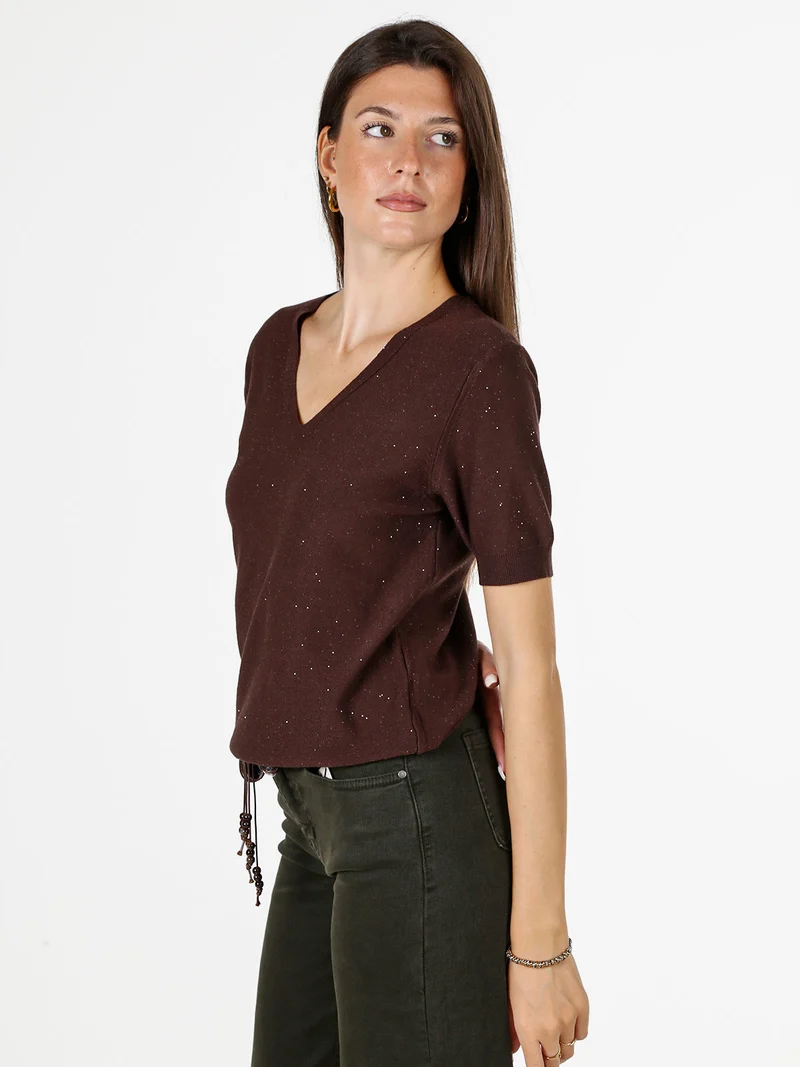 Maglia donna a maniche corte con scollo a V e mini paillettes - moro