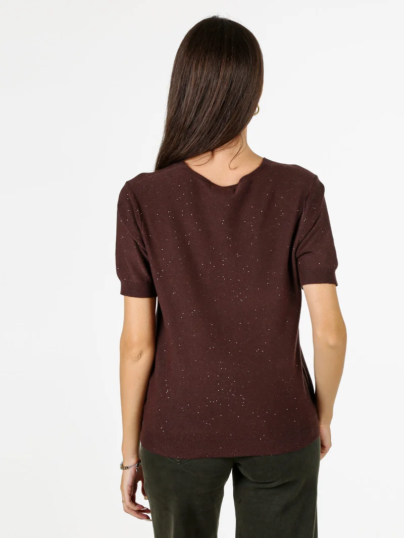 Maglia donna a maniche corte con scollo a V e mini paillettes - moro