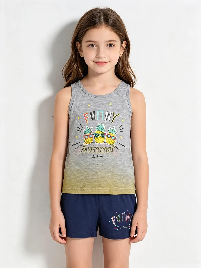 Canotta girocollo con disegni + shorts blu completo 2 pezzi in cotone - grigio