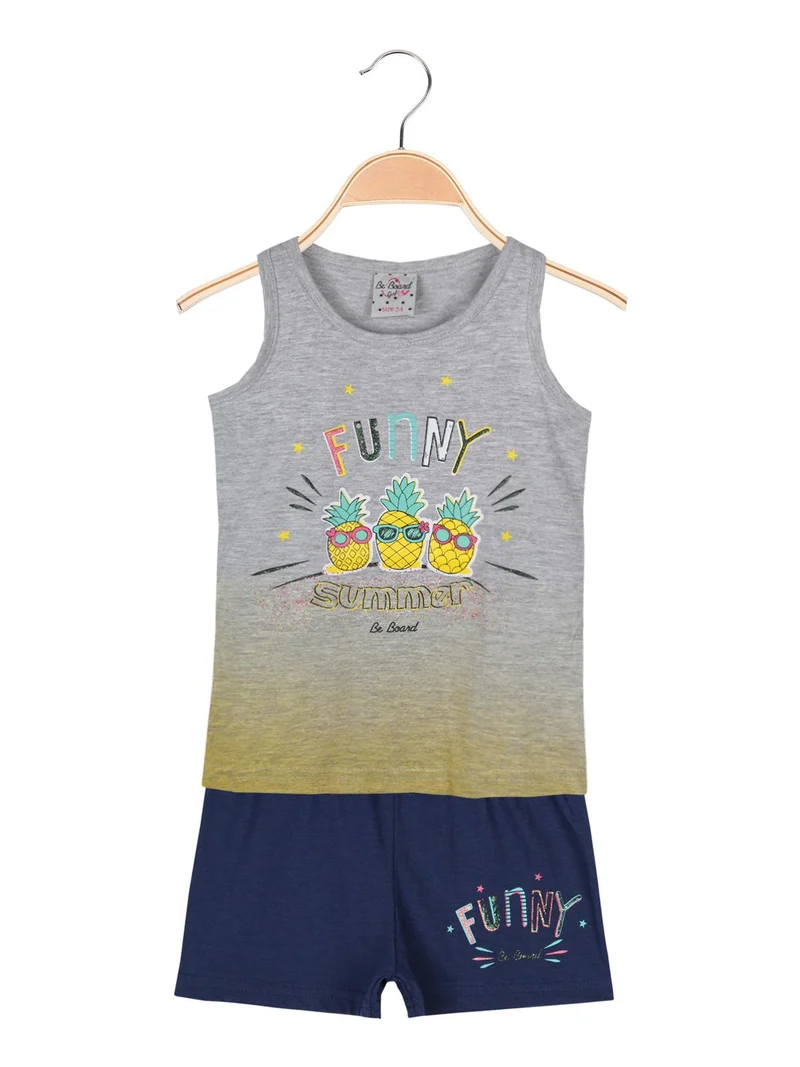 Canotta girocollo con disegni + shorts blu completo 2 pezzi in cotone - grigio