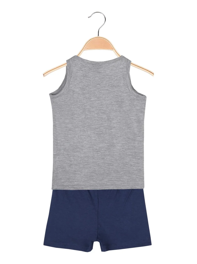 Canotta girocollo con disegni + shorts blu completo 2 pezzi in cotone - grigio