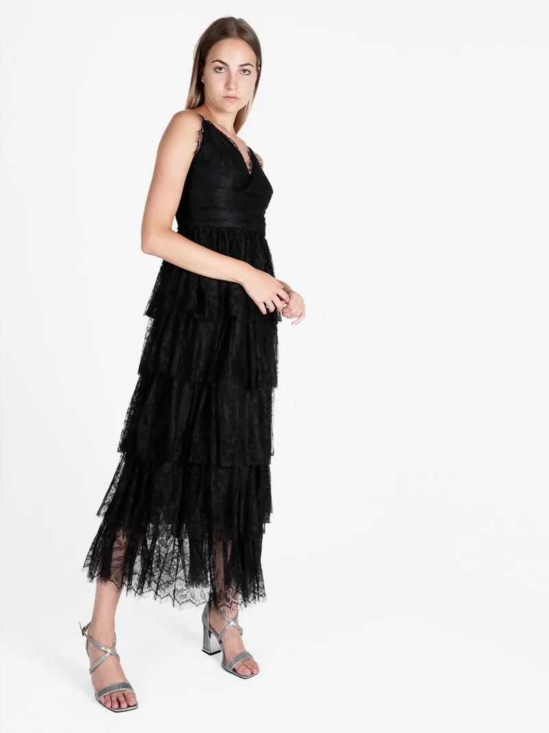 Abito donna elegante in pizzo con balze - nero