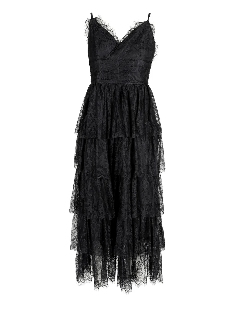 Abito donna elegante in pizzo con balze - nero