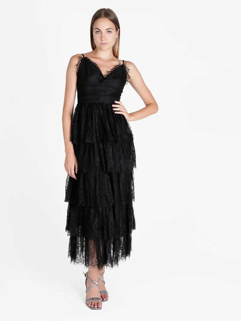 Abito donna elegante in pizzo con balze - nero