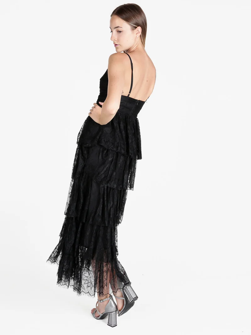 Abito donna elegante in pizzo con balze - nero