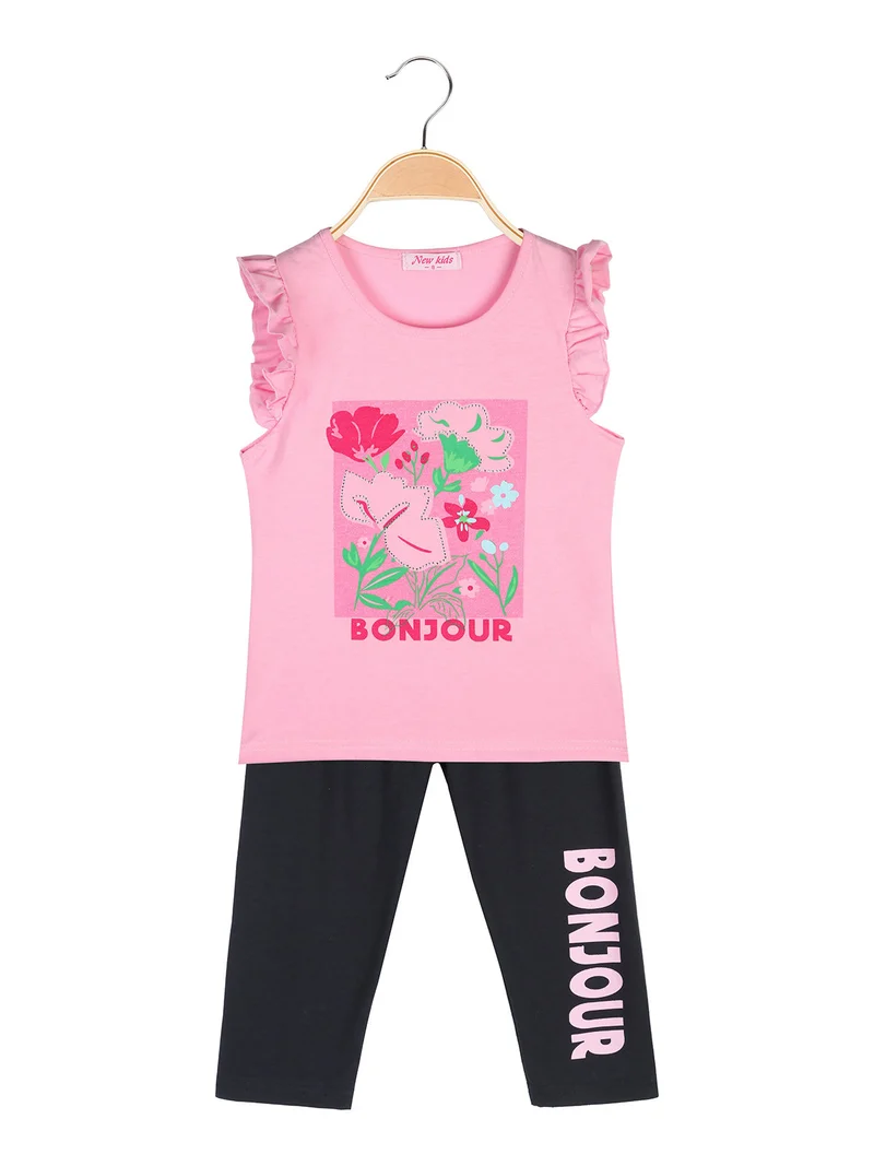 Completo da bambina con t-shirt e leggings a 3/4 - rosa
