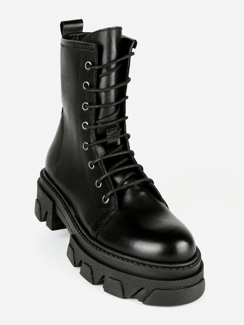 Anfibi in pelle donna con tacco e plateau - nero