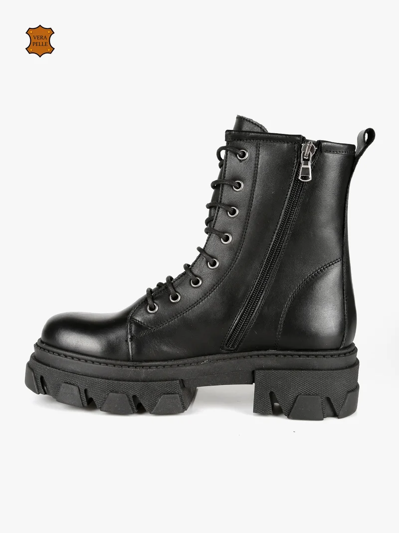Anfibi in pelle donna con tacco e plateau - nero
