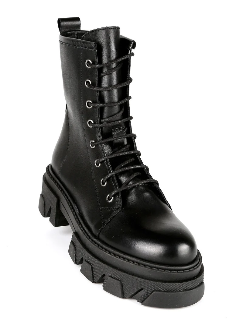 Anfibi in pelle donna con tacco e plateau - nero