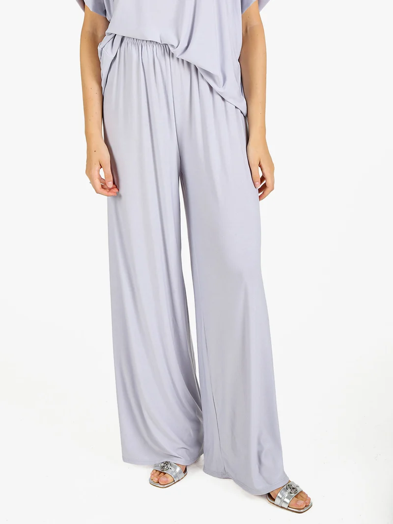 Pantaloni donna con elastico in vita a gamba larga - perla