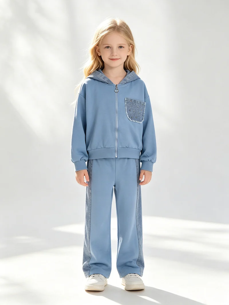 Completo 2 pezzi da bambina a gamba larga con cappuccio in jeans e zip - azzurro