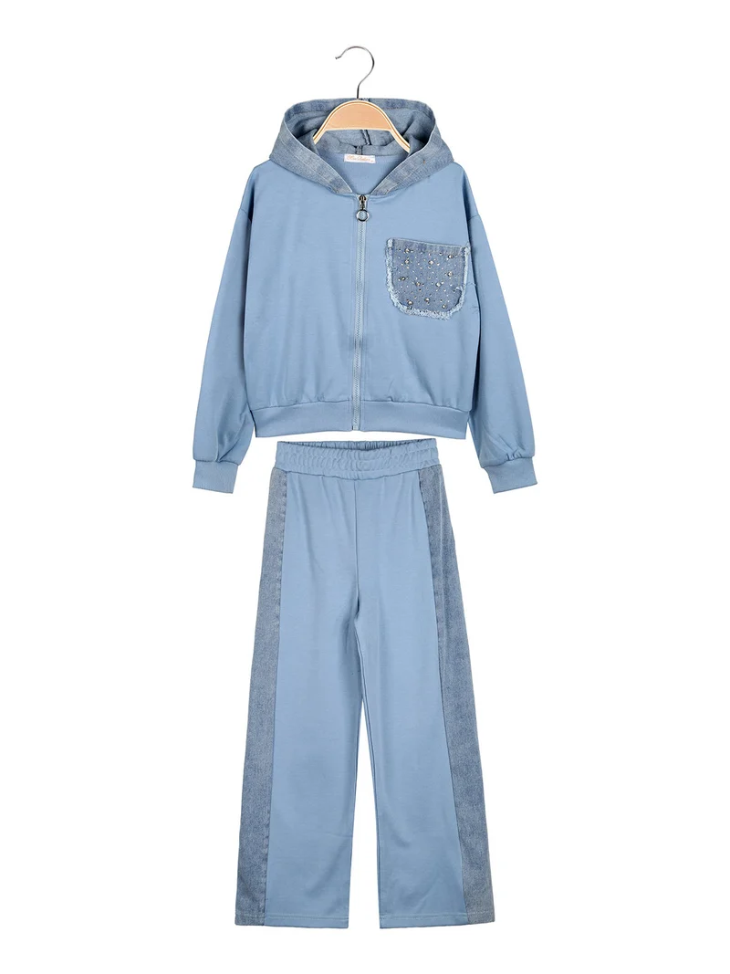 Completo 2 pezzi da bambina a gamba larga con cappuccio in jeans e zip - azzurro