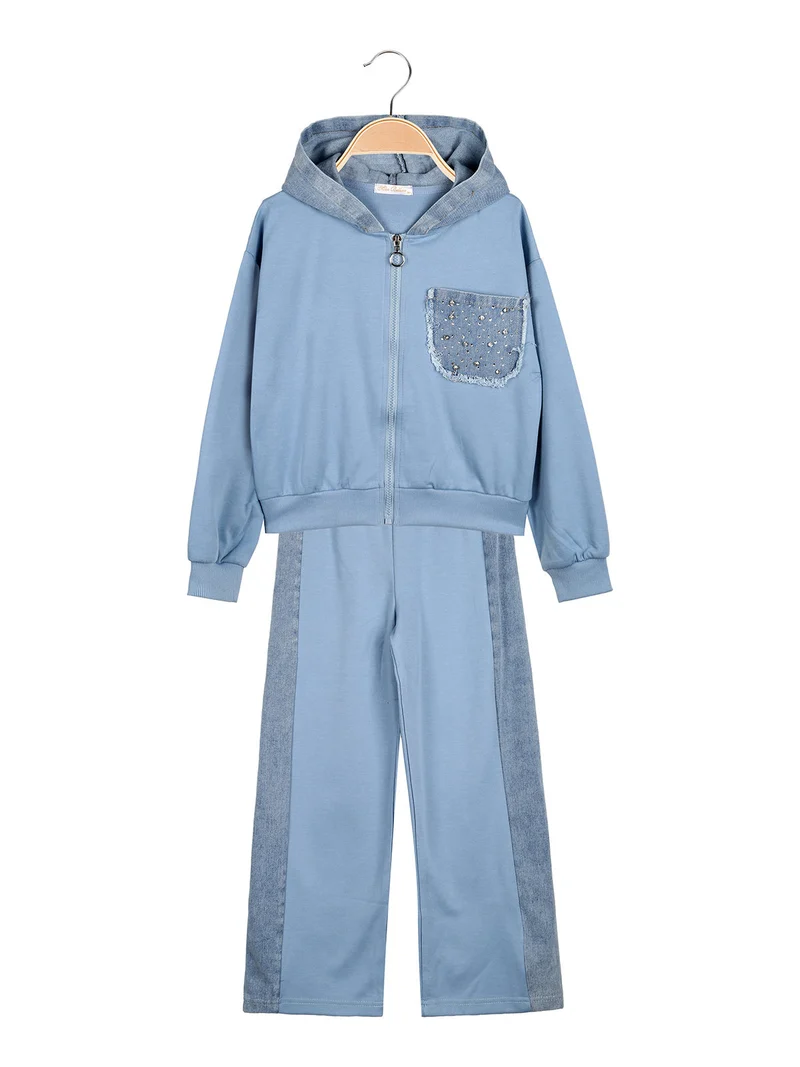 Completo 2 pezzi da bambina a gamba larga con cappuccio in jeans e zip - azzurro