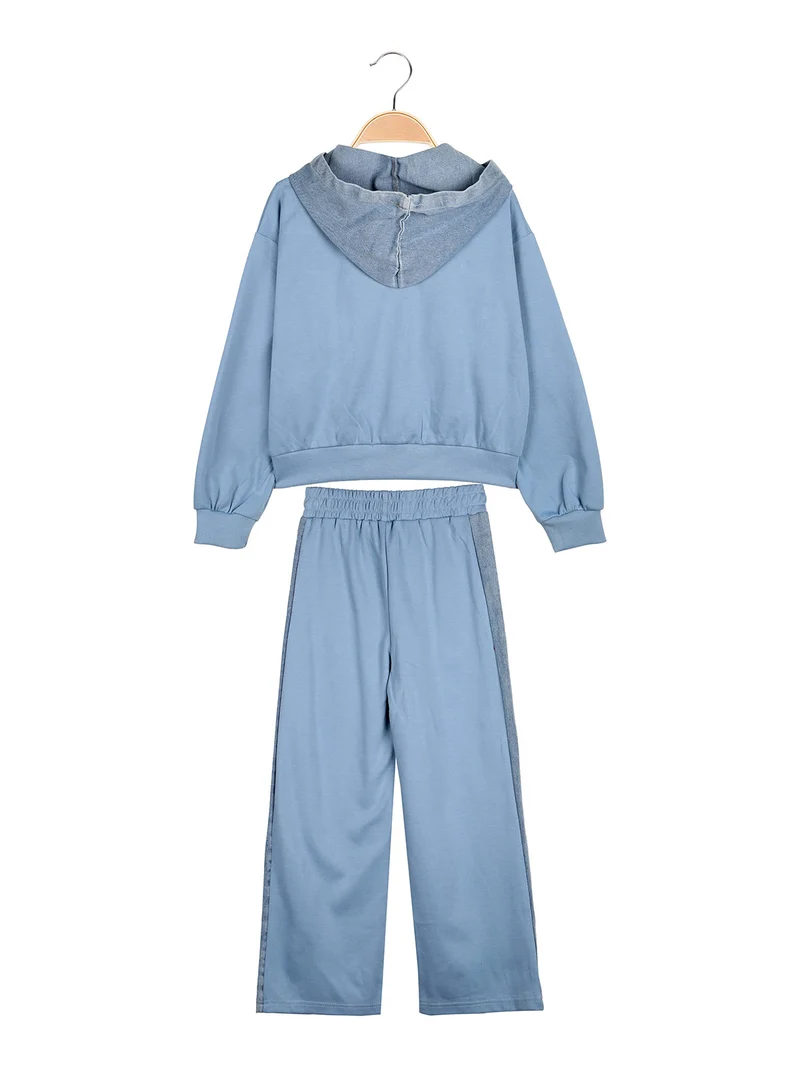 Completo 2 pezzi da bambina a gamba larga con cappuccio in jeans e zip - azzurro