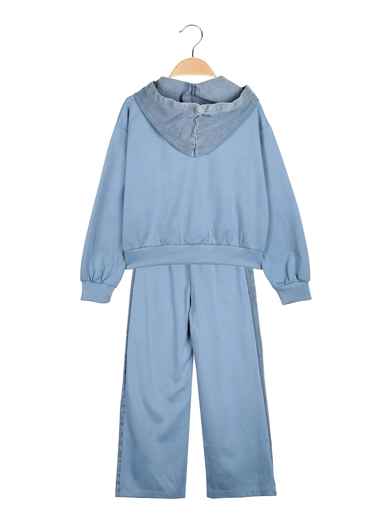 Completo 2 pezzi da bambina a gamba larga con cappuccio in jeans e zip - azzurro