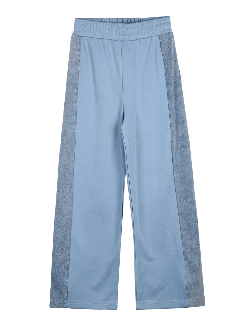 Completo 2 pezzi da bambina a gamba larga con cappuccio in jeans e zip - azzurro