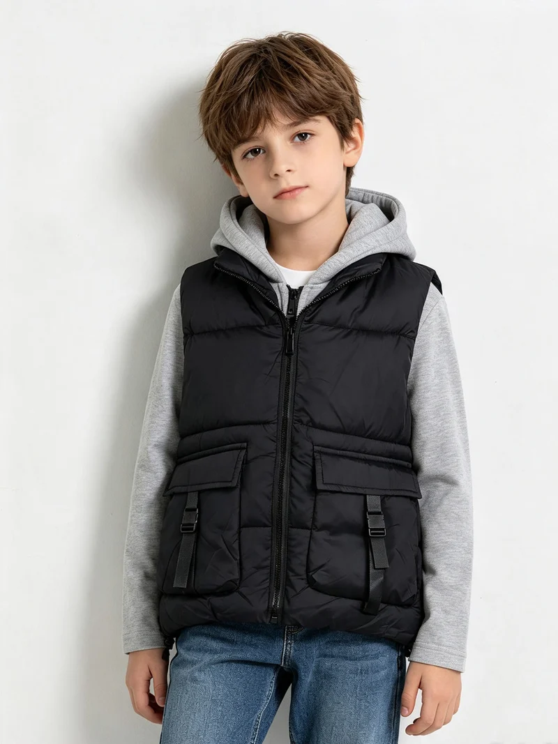 Gilet imbottito da bambino con cappuccio e doppia zip - nero